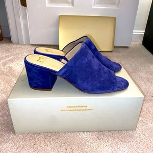 Marc Fisher dark blue suede block heel open toe mules